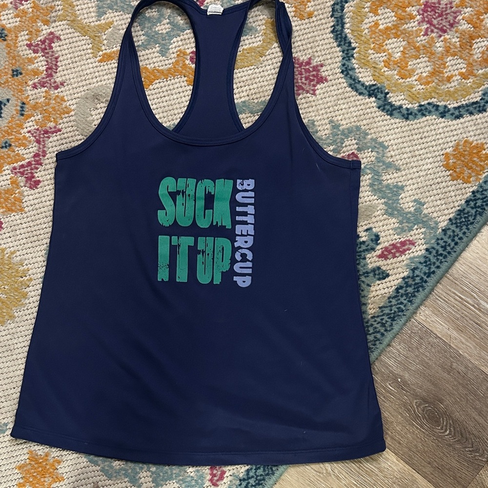 Butter Navy Racerback Tank with Green & Light Blue Graphic